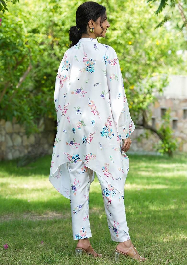 White Floral Print Poly Blend Co-Ord Set