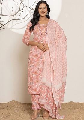 Pink Floral Print Cotton Kurta Set