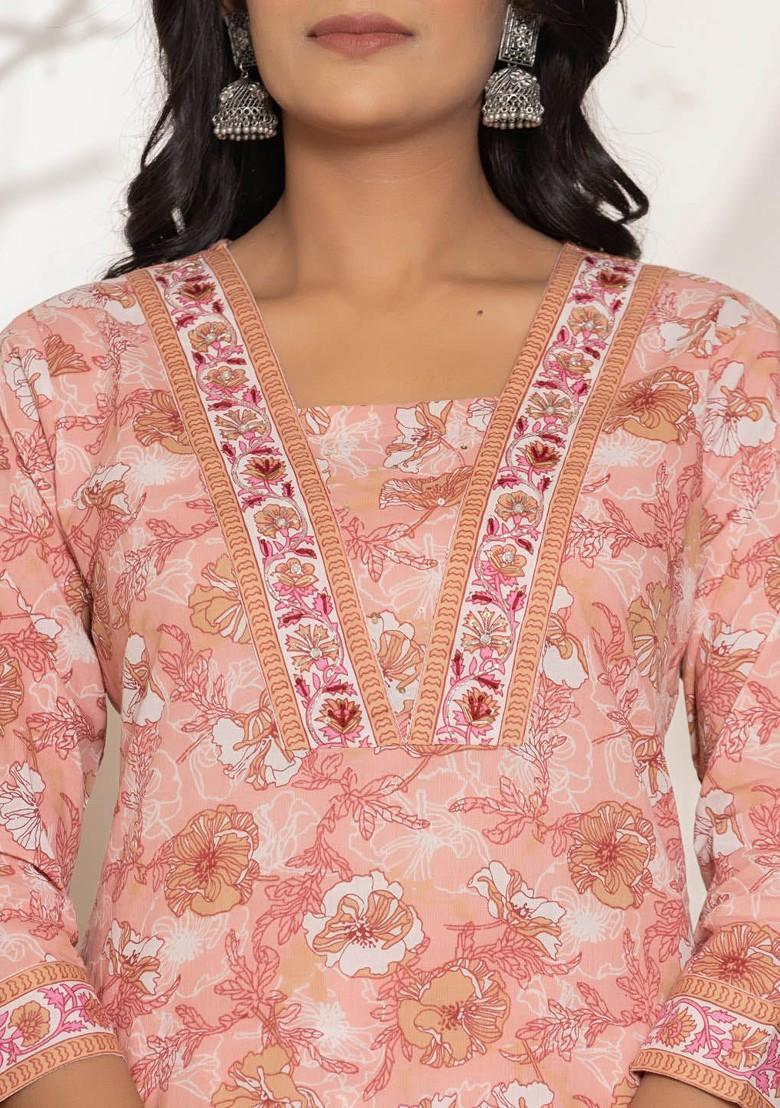 Pink Floral Print Cotton Kurta Set