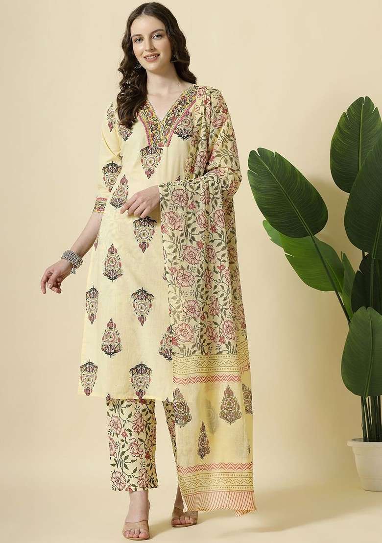 Cream Floral Print Cotton Kurta Set - Indya