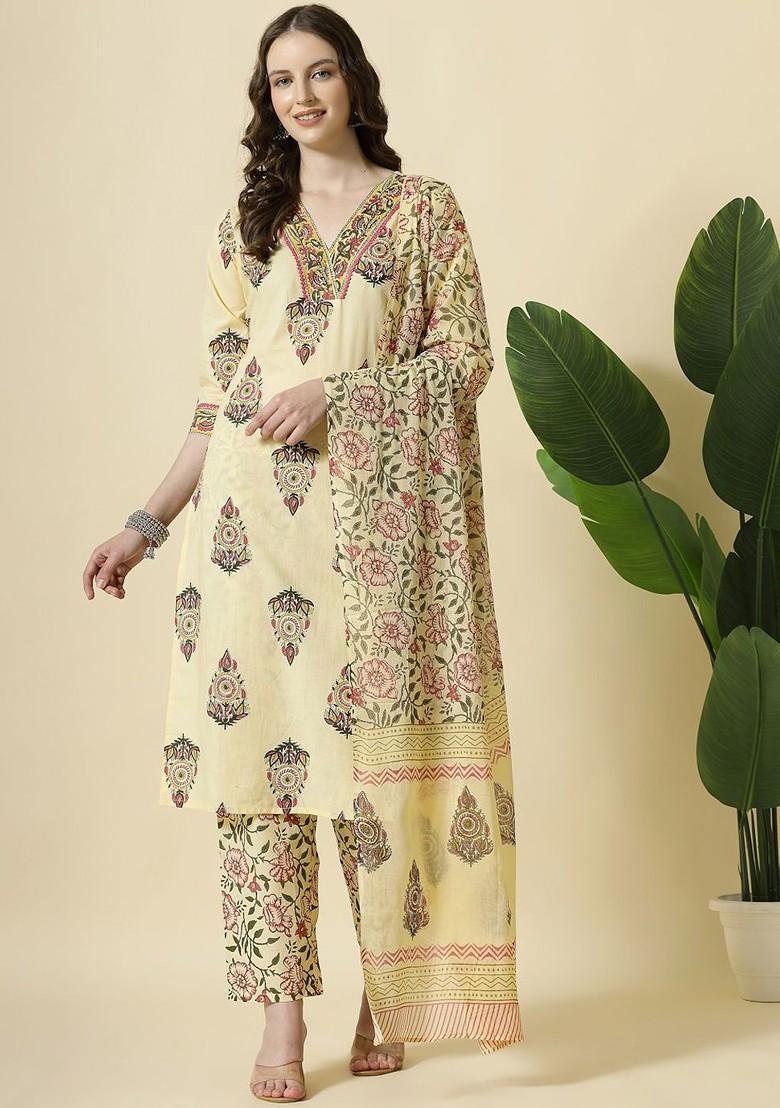 Cream Floral Print Cotton Kurta Set