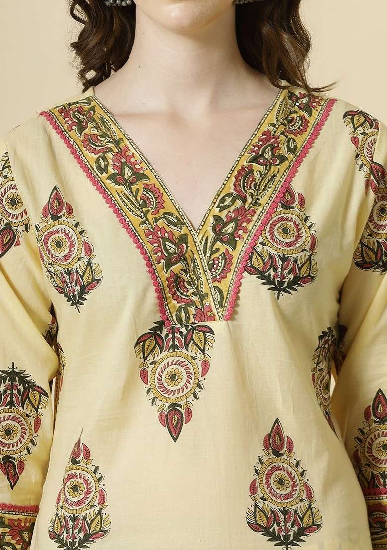 Cream Floral Print Cotton Kurta Set - Indya