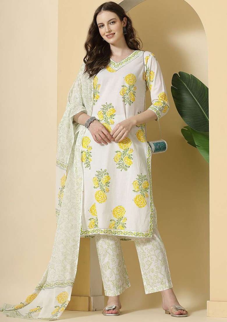 White Floral Print Cotton Kurta Set - Indya