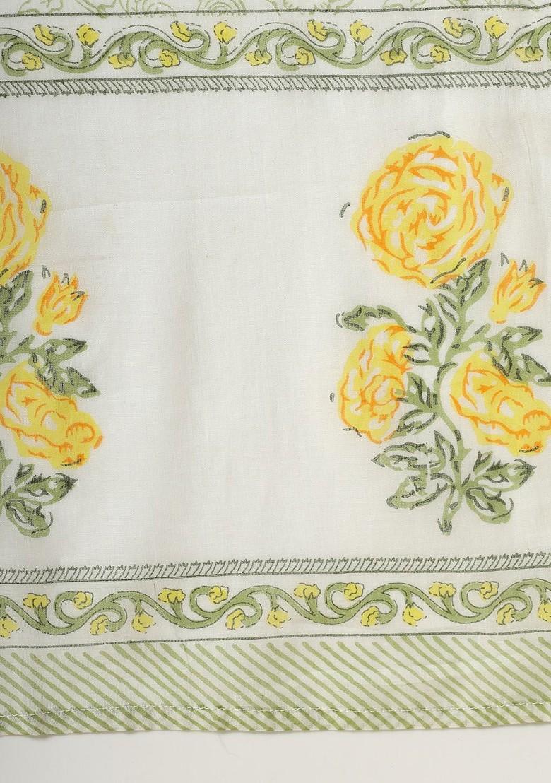 White Floral Print Cotton Kurta Set