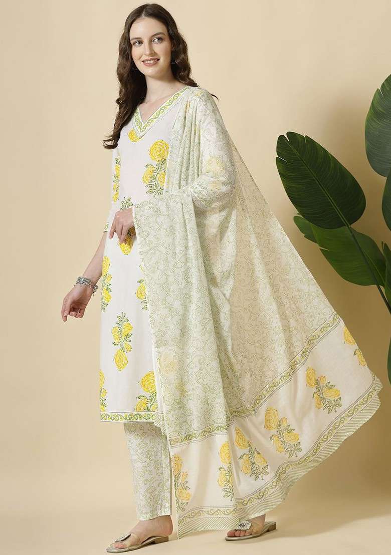 White Floral Print Cotton Kurta Set - Indya