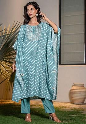 Blue Embroidered Poly Blend Kurta Set