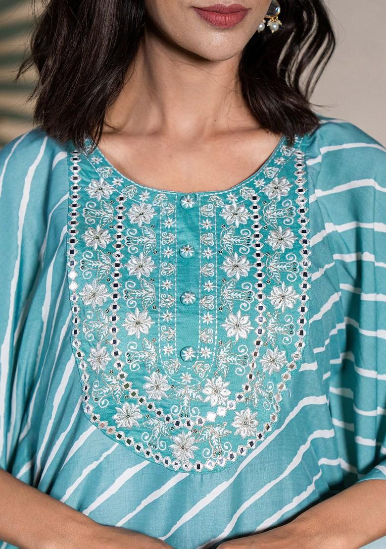 Blue Embroidered Poly Blend Kurta Set