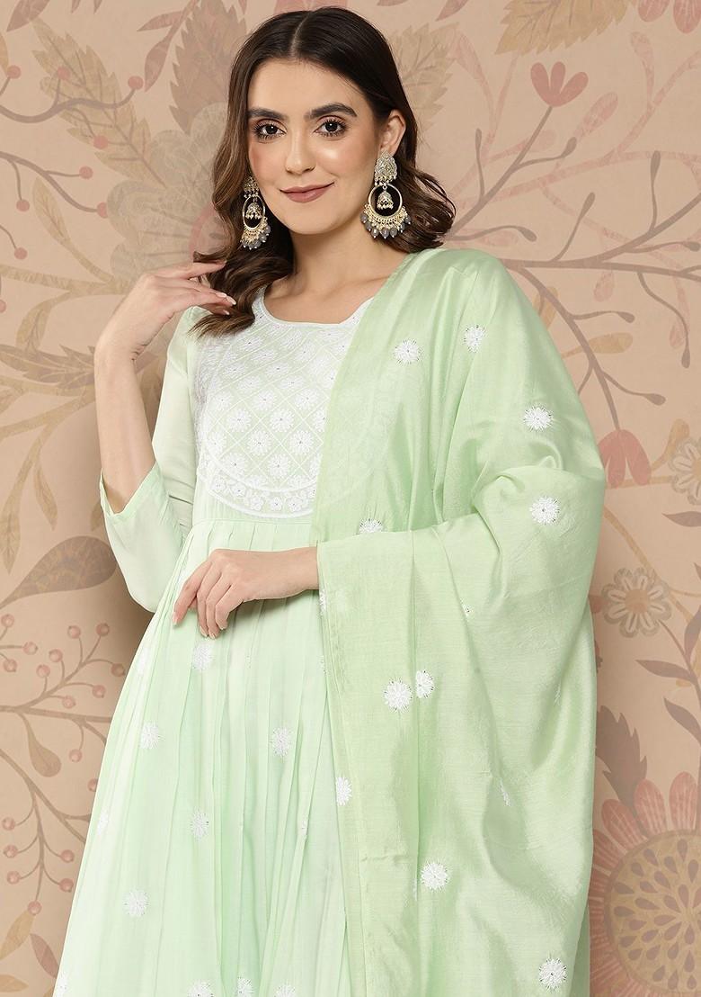 Green Embroidered Poly Blend Kurta Set