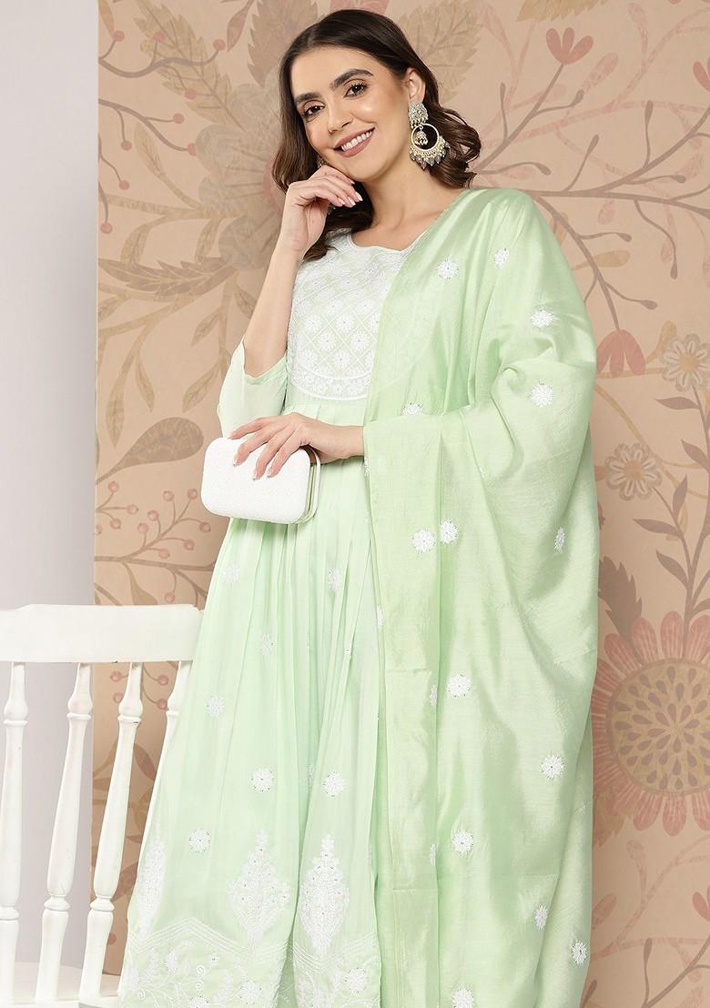 Green Embroidered Poly Blend Kurta Set