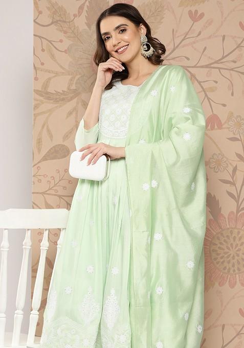 Green Chikankari Blended Anarkali Set — view on Indya