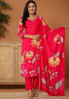 Pink Printed Poly Blend Kurta Set