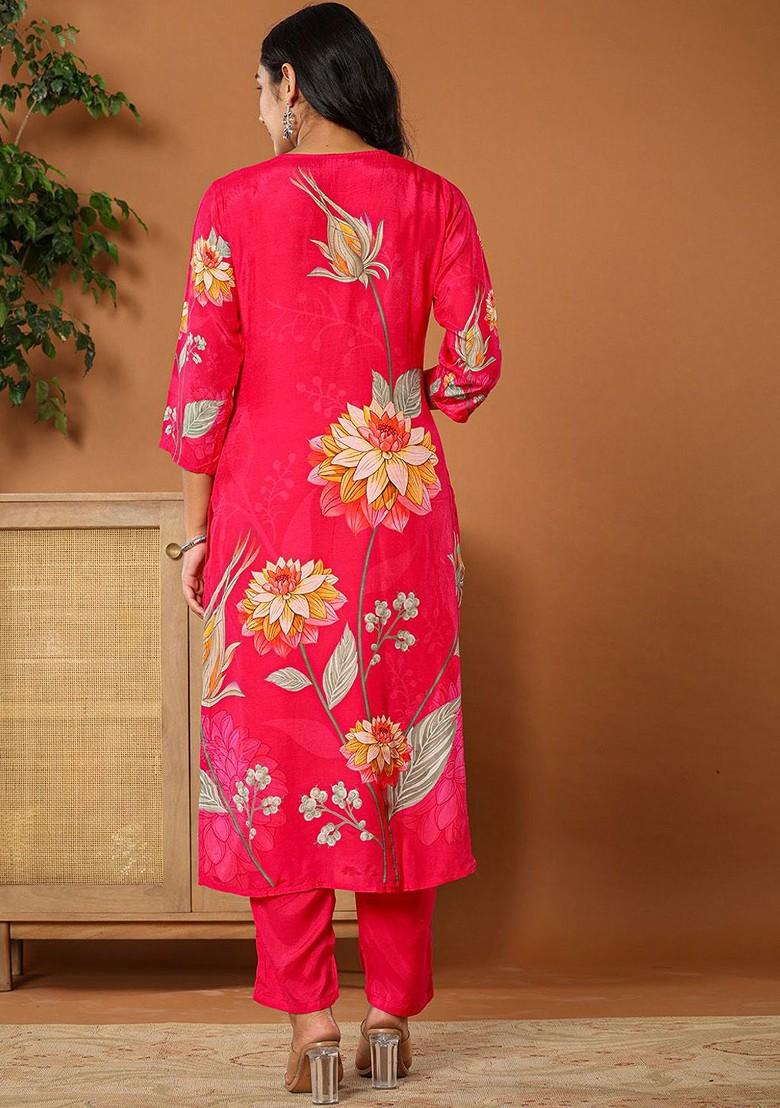 Pink Printed Poly Blend Kurta Set