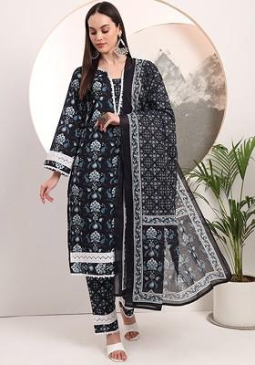 Black Printed Cotton Kurta Set