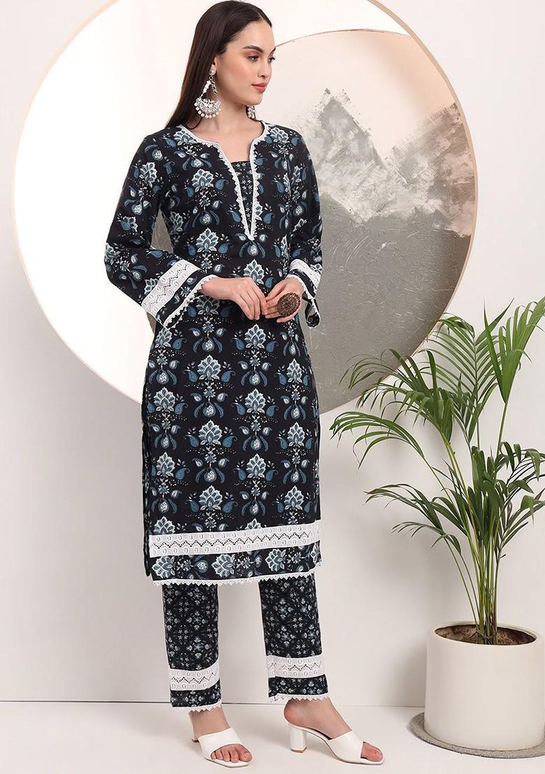 Black Printed Cotton Kurta Set