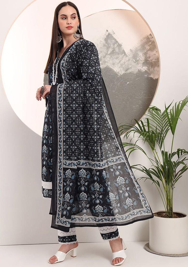 Black Printed Cotton Kurta Set