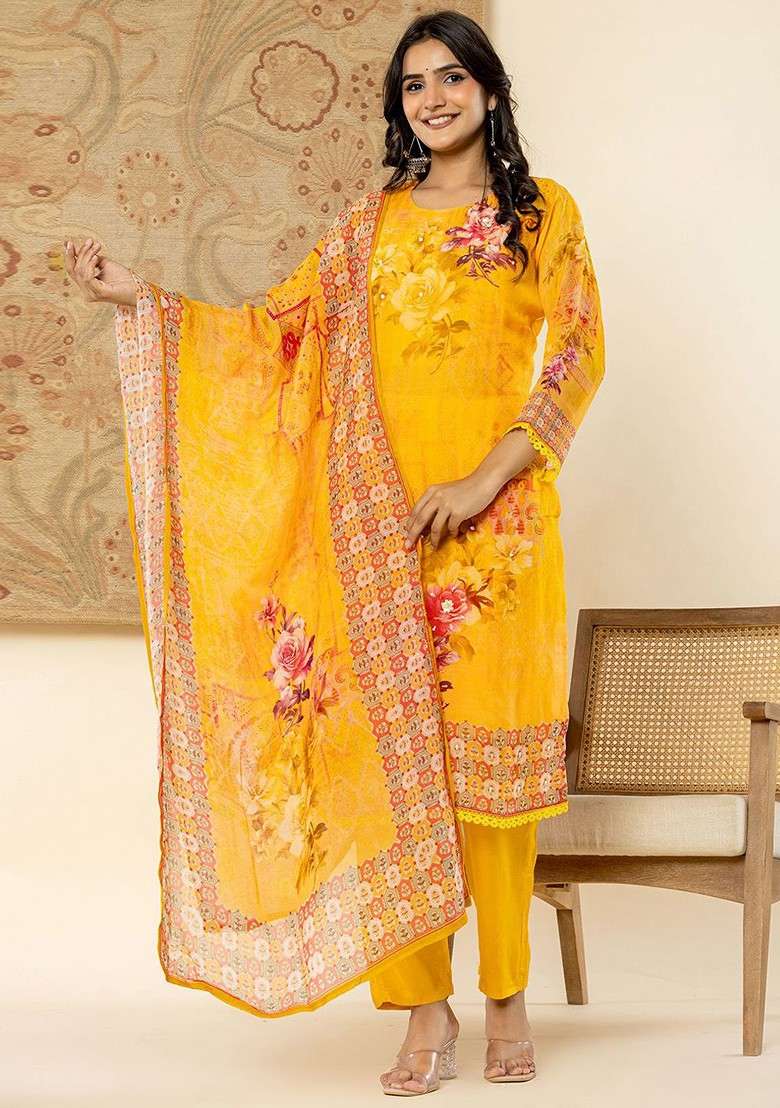 Yellow Floral Print Poly Blend Kurta Set - Indya
