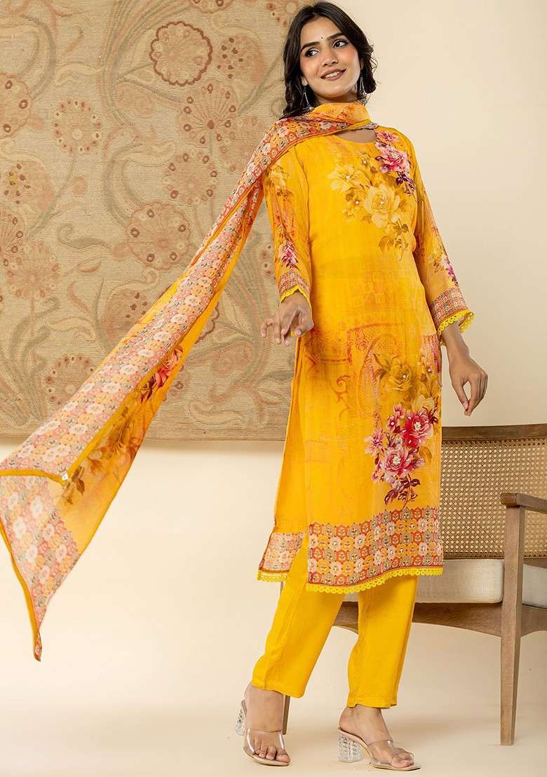 Yellow Floral Print Poly Blend Kurta Set - Indya