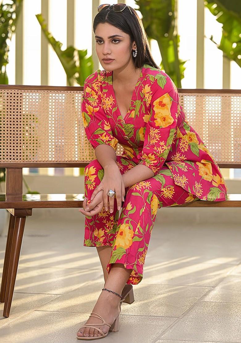 Pink Printed Cotton Co Ord Set - Indya