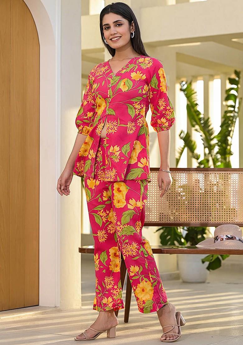 Pink Printed Cotton Co Ord Set - Indya