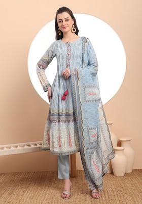 Blue Embroidered Cotton Kurta Set
