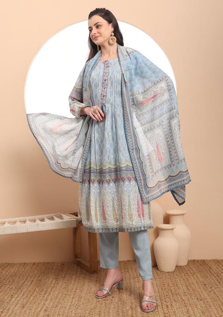 Blue Embroidered Cotton Kurta Set