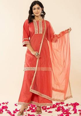 Peach Solid Poly Blend Kurta Set