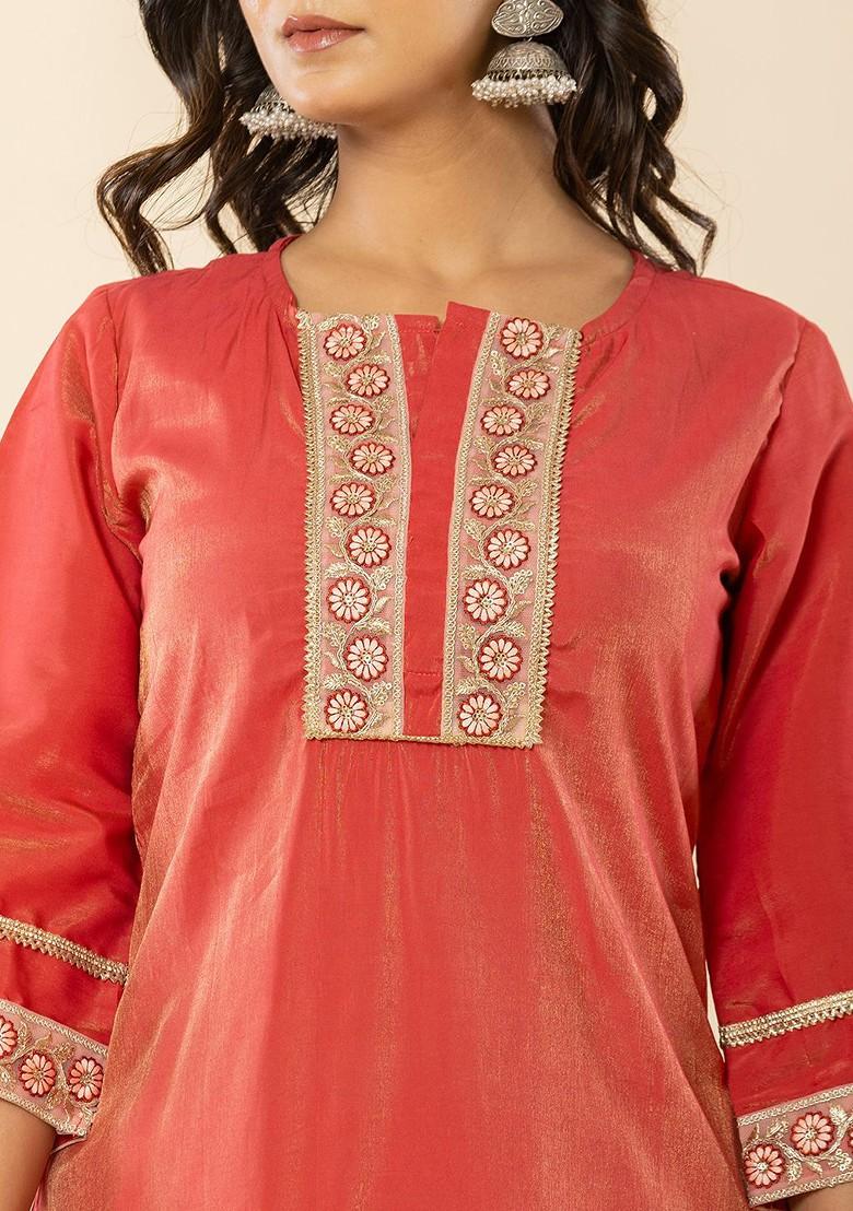 Peach Solid Poly Blend Kurta Set