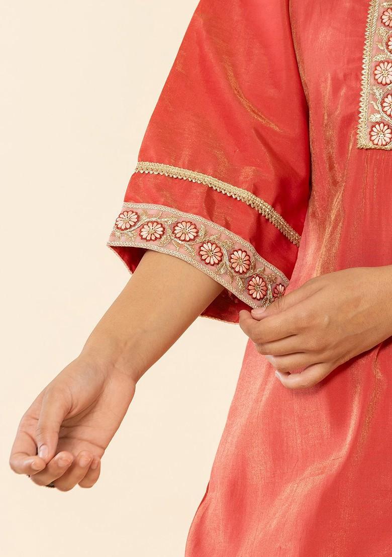 Peach Solid Poly Blend Kurta Set