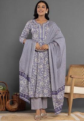 Purple Printed Cotton Kurta Set