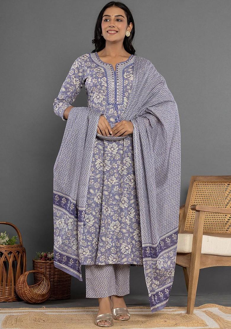 Purple Printed Cotton Kurta Set