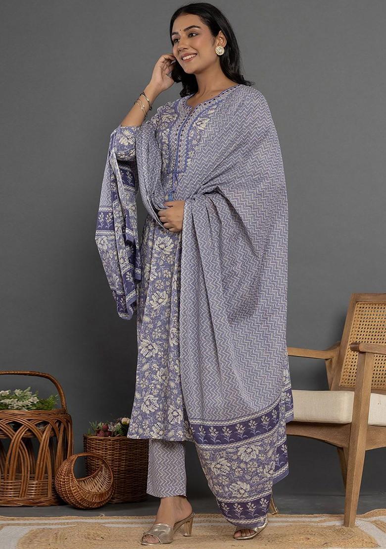 Purple Printed Cotton Kurta Set