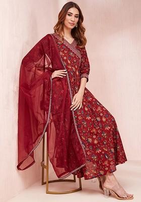 Maroon Floral Print Poly Blend Kurta Set