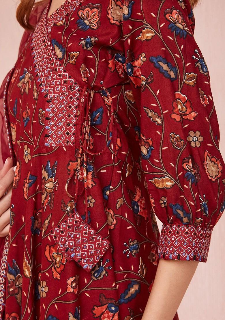 Maroon Floral Print Poly Blend Kurta Set