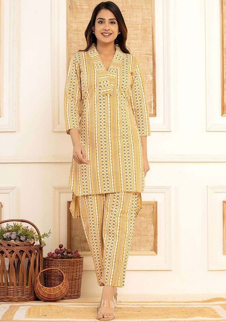 Yellow Printed Cotton Co Ord Set - Indya