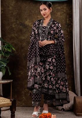 Black Printed Poly Blend Kurta Set