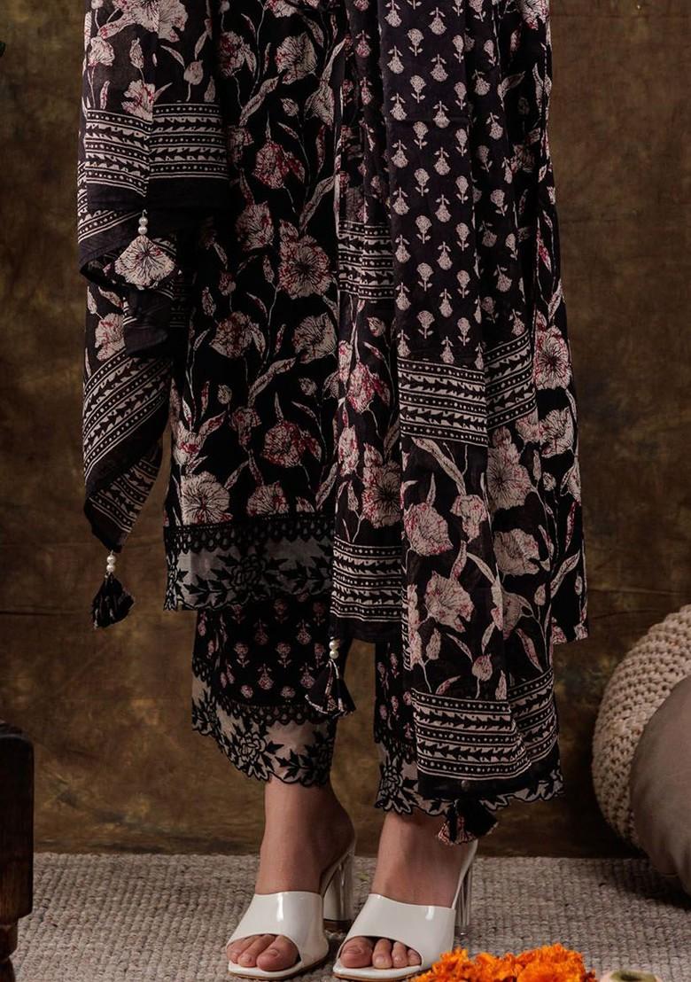 Black Printed Poly Blend Kurta Set