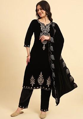 Black Embroidered Poly Blend Kurta Set