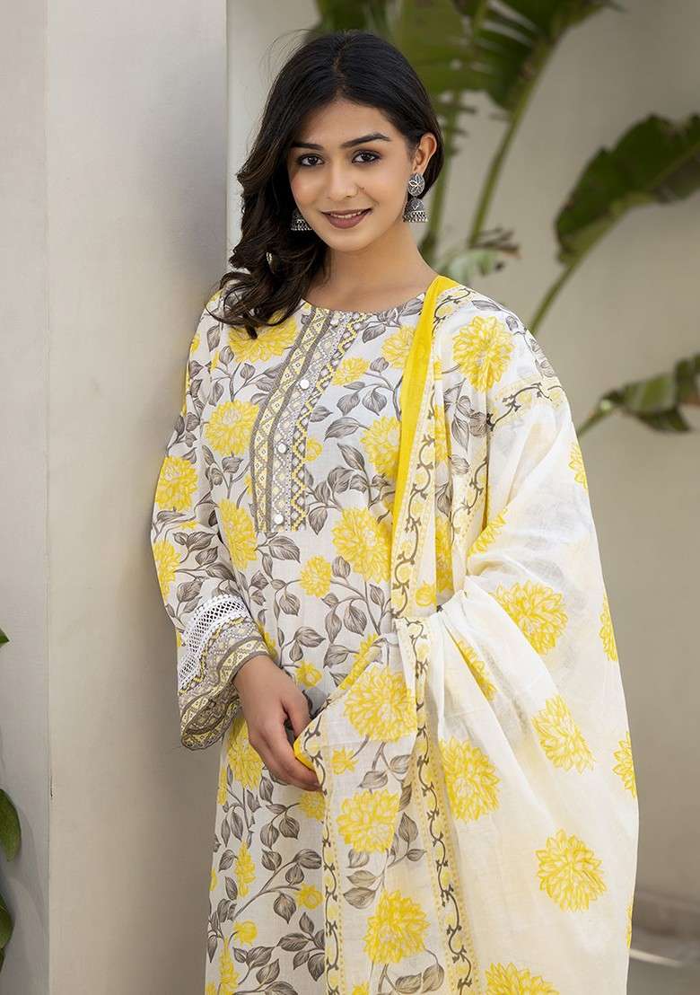 Yellow Floral Print Cotton Straight Kurta Set - Indya