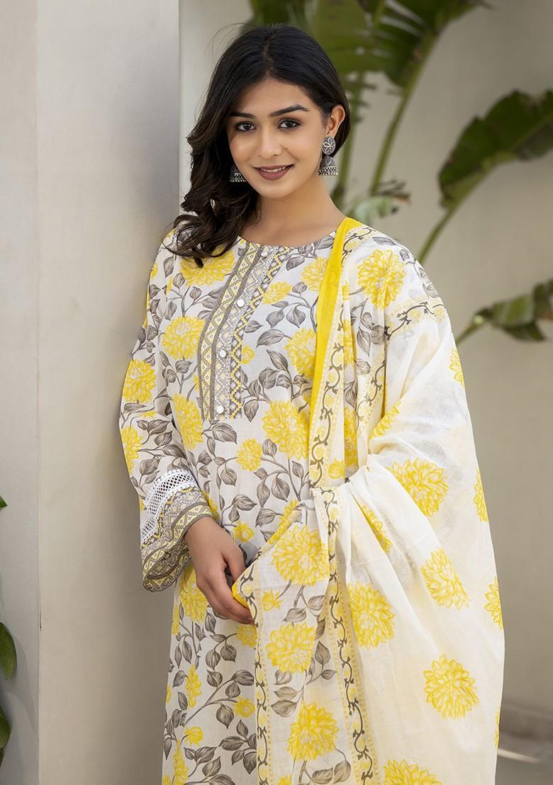 Yellow Floral Print Cotton Kurta Set