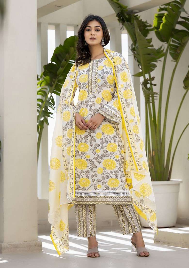 Yellow Floral Print Cotton Straight Kurta Set - Indya