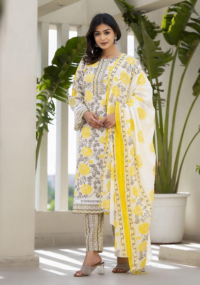 Yellow Floral Print Cotton Kurta Set