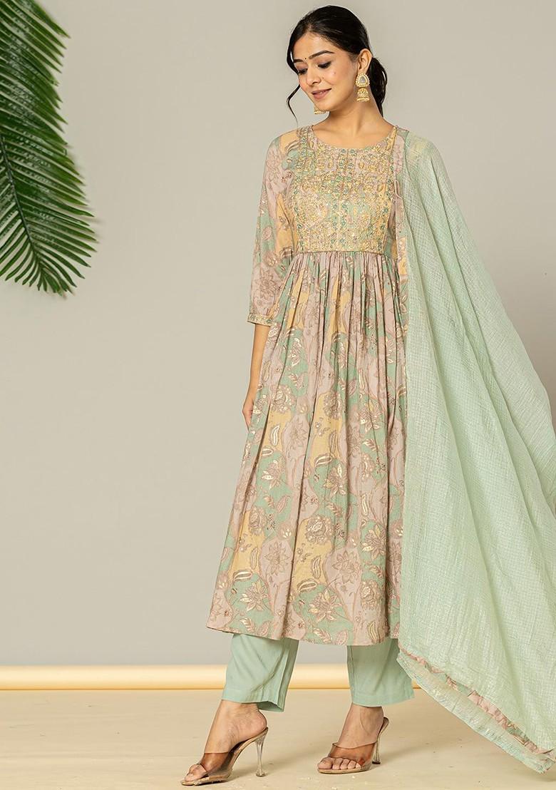 Green Floral Print Poly Blend Kurta Set