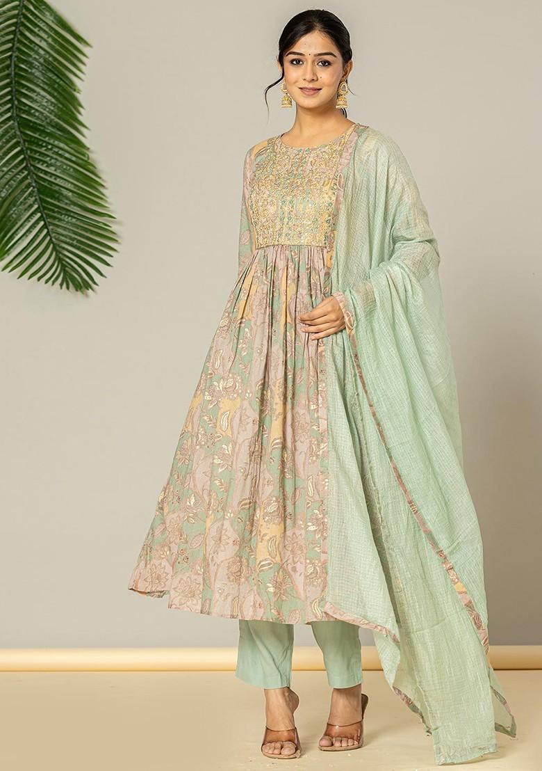 Green Floral Print Poly Blend Kurta Set