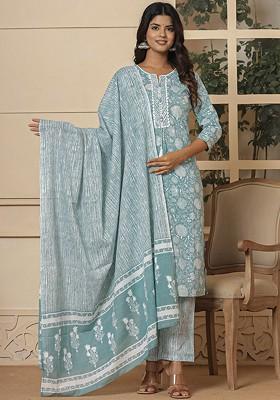 Green Embroidered Cotton Kurta Set