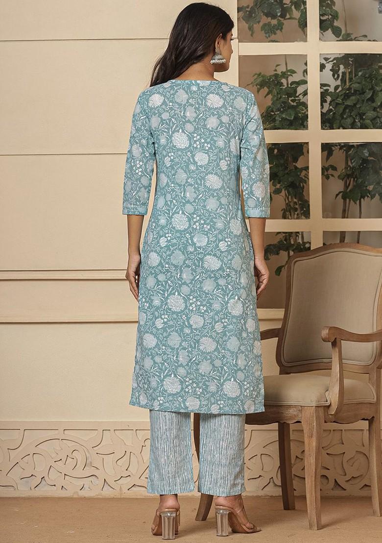 Green Embroidered Cotton Kurta Set
