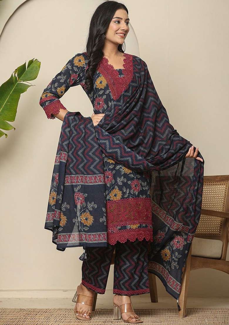 Blue Printed Cotton Pakistani Suit Set - Indya