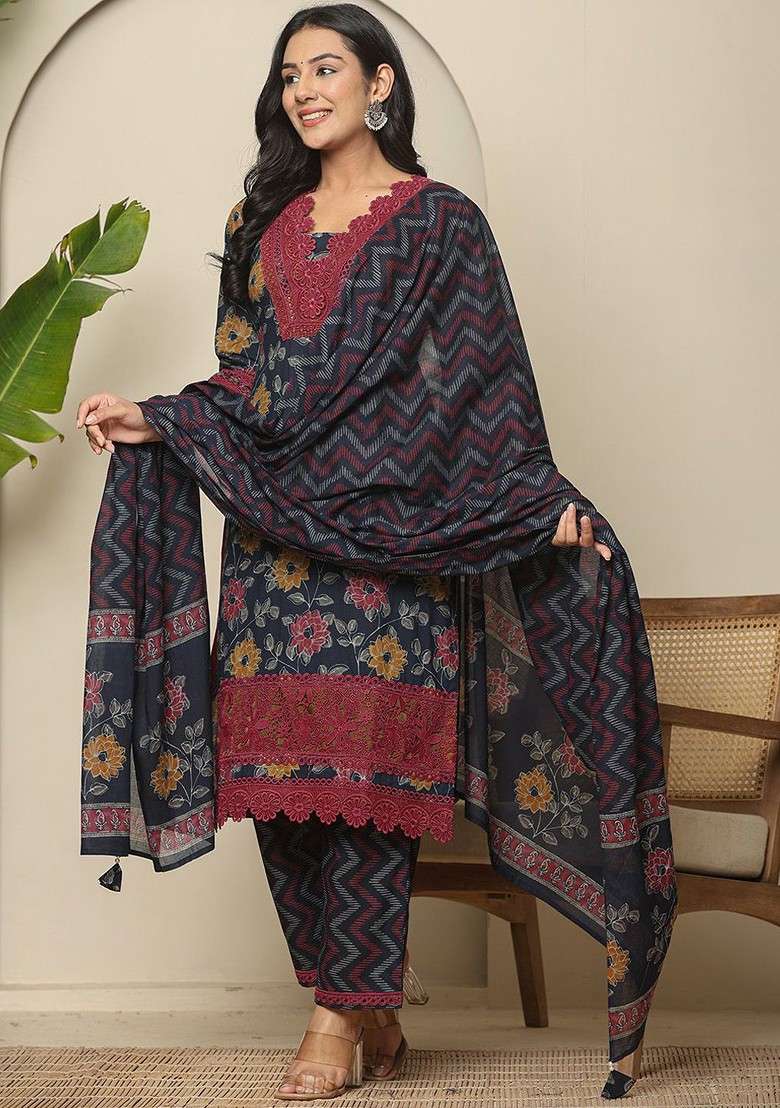 Blue Printed Cotton Pakistani Suit Set - Indya