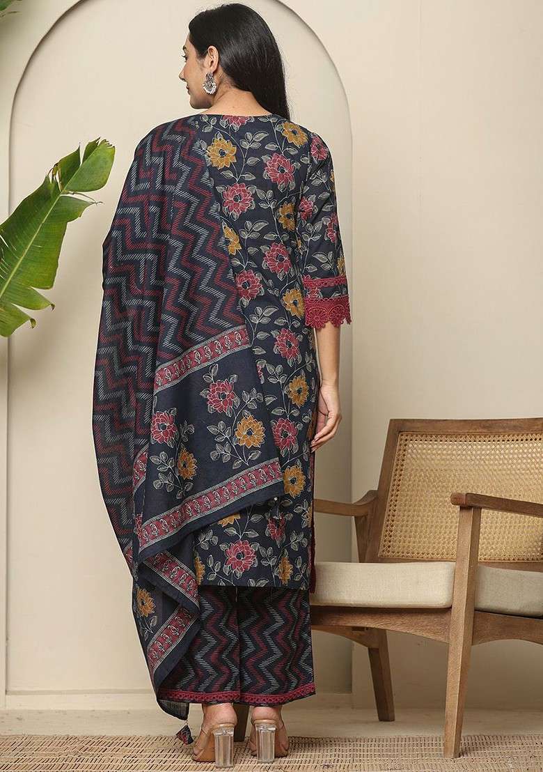 Blue Printed Cotton Pakistani Suit Set - Indya