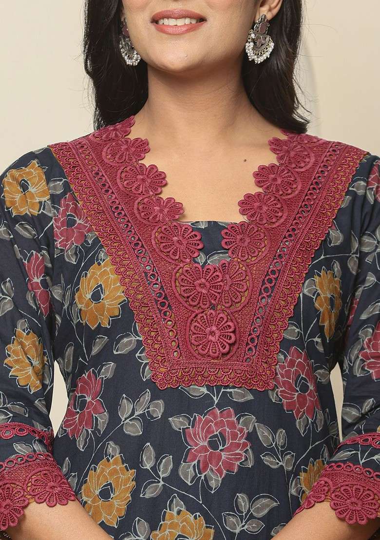 Blue Printed Cotton Pakistani Suit Set - Indya