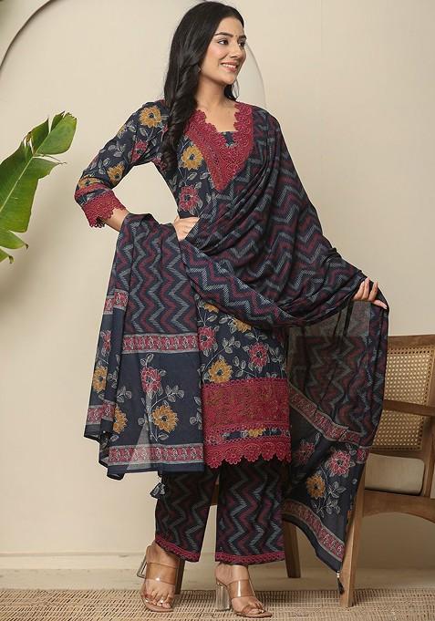 Blue Printed Cotton Kurta Set